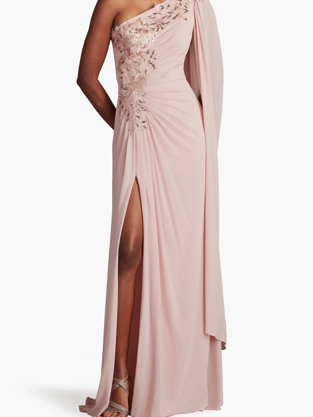 Tadashi Shoji One-Shoulder Blush Pink Gown with Embellished Bodice